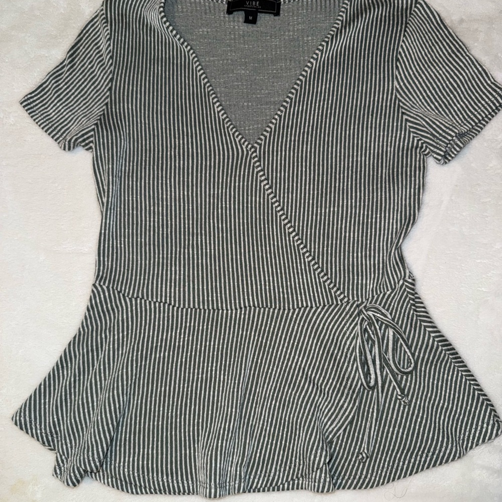 Vibe Black and White Striped Wrap Blouse